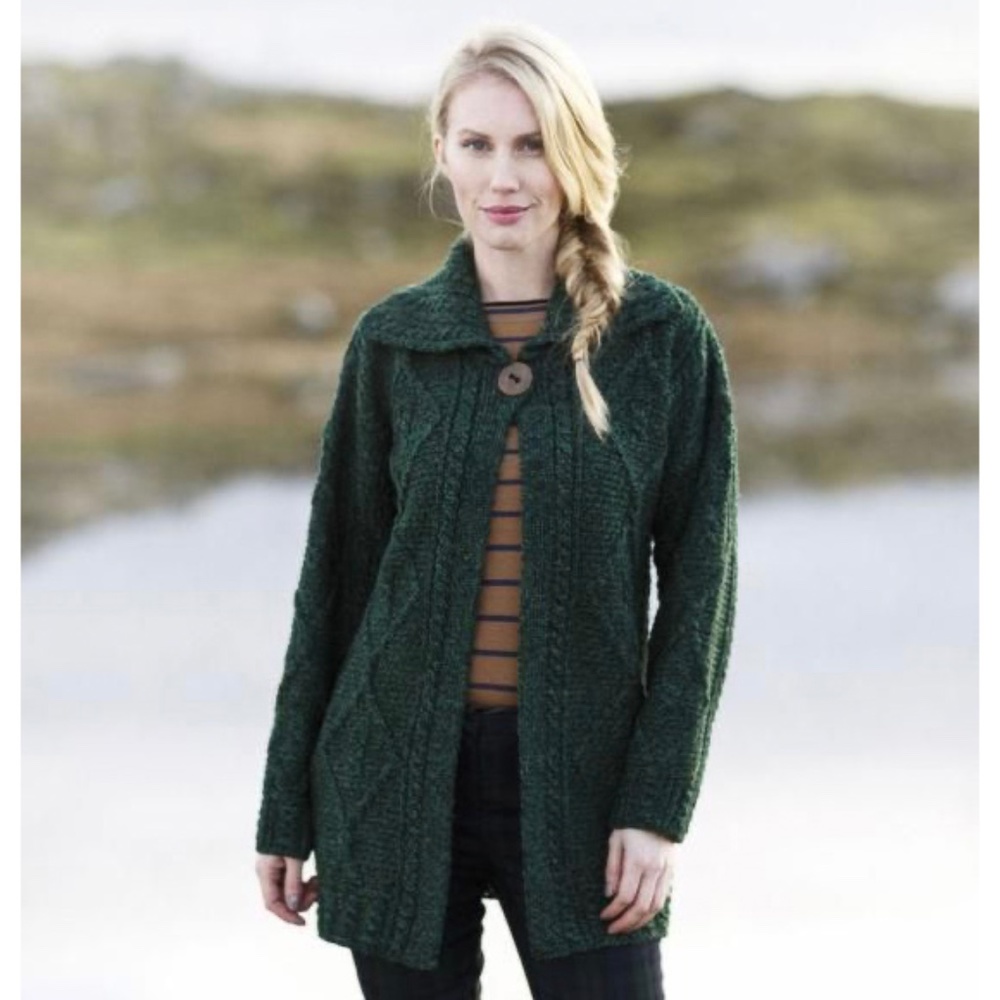 Carraig Donn Green Irish Aran Cable Knit Wool Sweater Jacket Medium